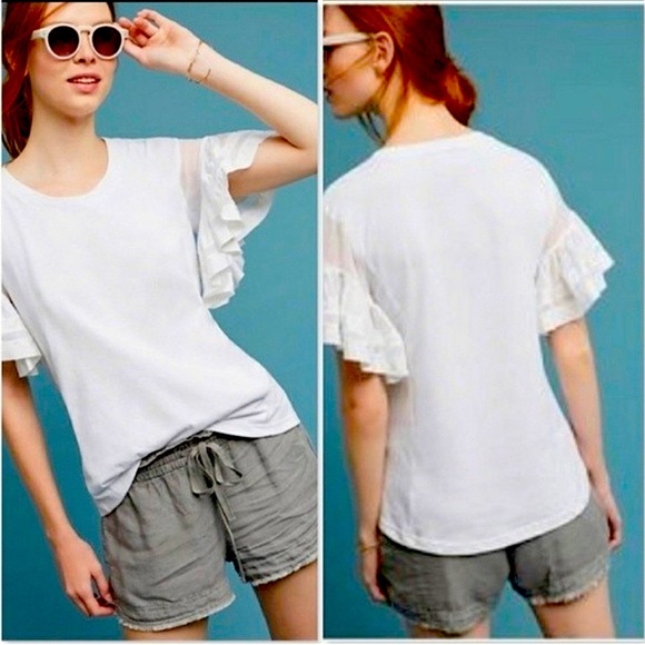 Vanessa Virginia/ Anthropologie white flutter sleeve top, sz M - Picture 2 of 9